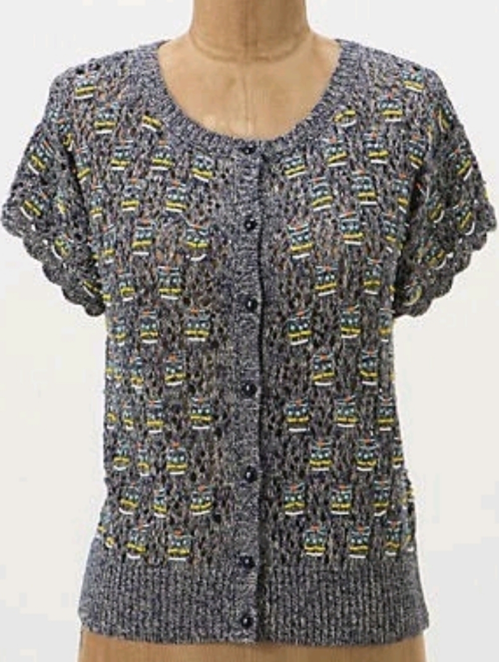 Short-Sleeve Beaded Knit Cardigan Sweater - Blue Gray